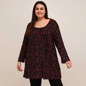 Ulla Popken Red and Black Floral 28/30 Women's Tunic Top/dress 100% cotton